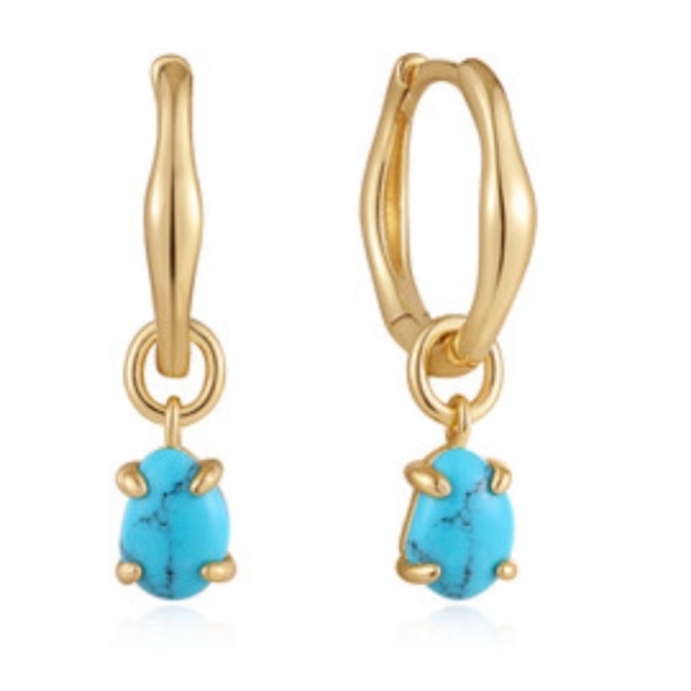 Ania Haie Simulated Turquoise Drop Wave Huggie Hoop Earrings Gold-Plated Sterlin